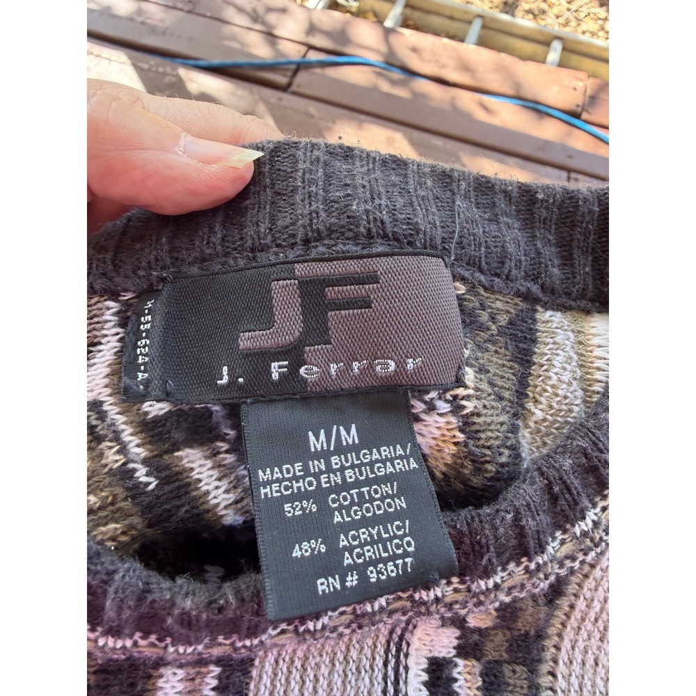 Vintage J. Ferrar 90s Textured 3D Knit Sweater Khaki Green Mens Medium #732966 - Picture 6 of 8